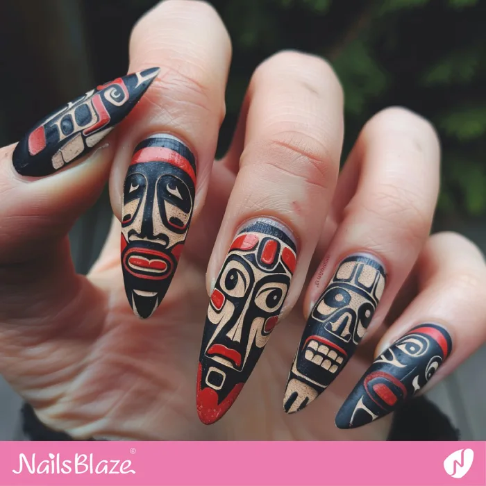 Black and Red Totem-inspired Haida Gwaii Nail Art | Tribal Nails - NB4193
